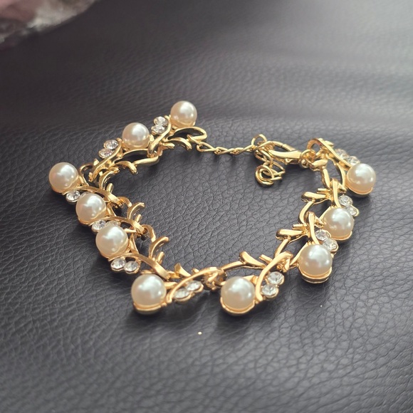 Jewelry - Gold Tone Charm Bracelet with White Pearls, Crystals, and Dangle Beads